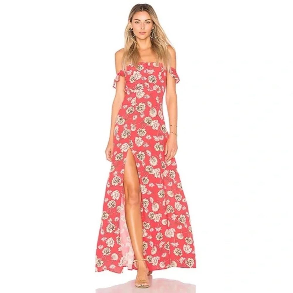 Flynn Skye Coral Pink Floral Maxi Dress with Front Slit